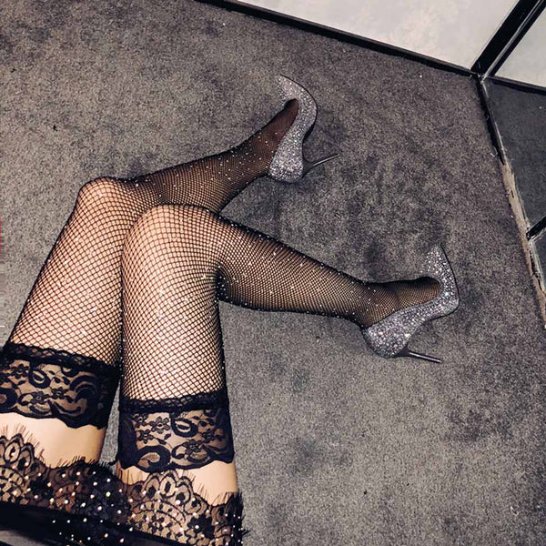 Lace Top Rhinestone Fishnet Thigh Highs