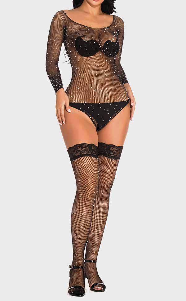 Rhinestone Fishnet Lace Thigh Highs Set