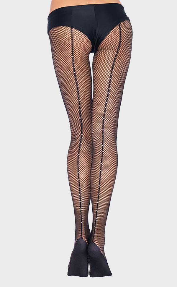 Seamed Crystal Fishnet Tights Cuban Heel