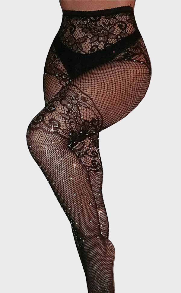 Jacquard Lace Rhinestone Fishnet Pantyhose