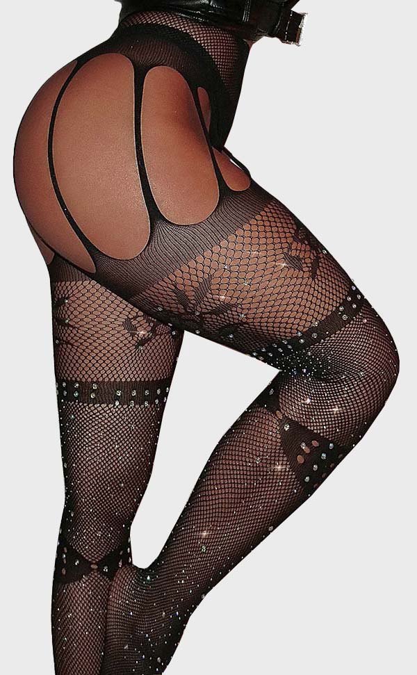 Lace and Net Crystal Suspender Pantyhose