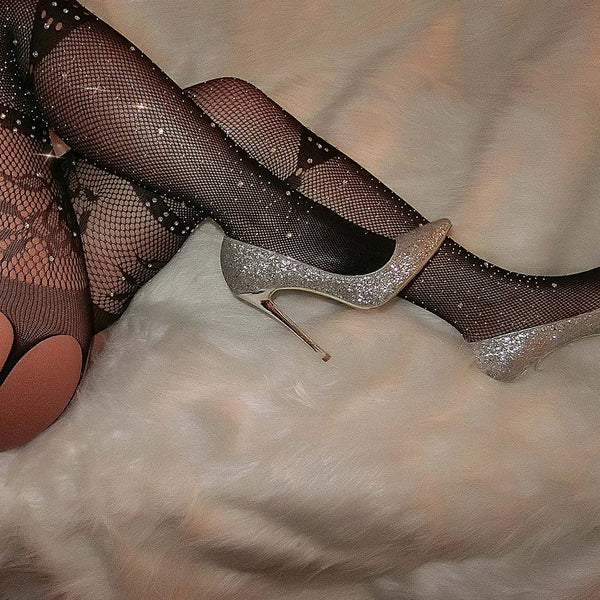 Lace and Net Crystal Suspender Pantyhose