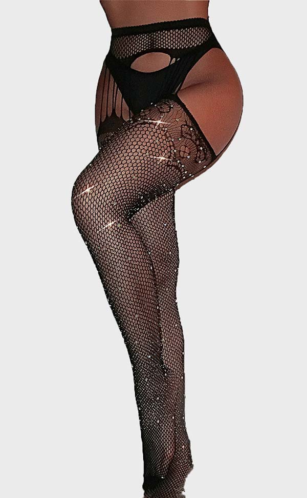 Lace and Net Crystal Suspender Tights