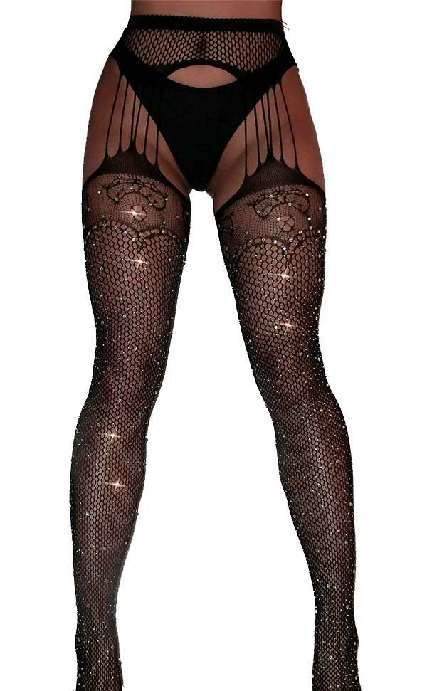 Lace and Net Crystal Suspender Tights