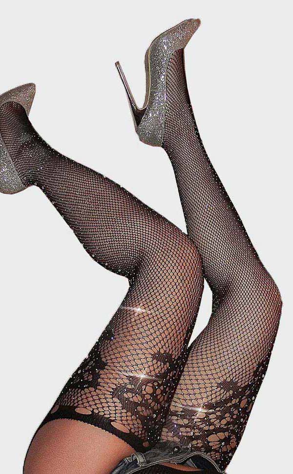 Cut-Out Rhinestone Fishnet Tights