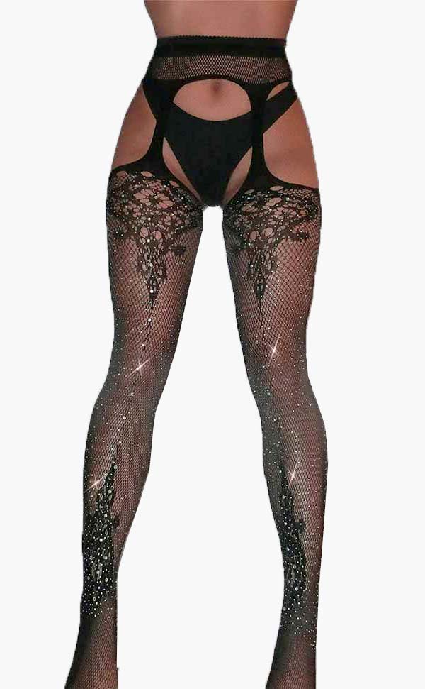 Cut-Out Rhinestone Fishnet Tights