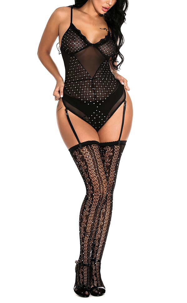 Rhinestone Sling Fishnet Bodysuit Sets