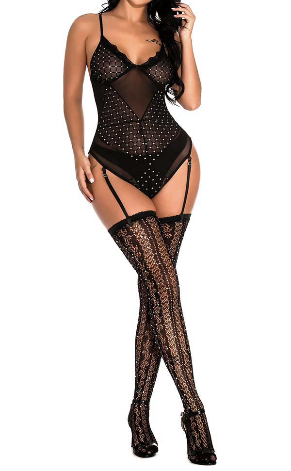 Rhinestone Sling Fishnet Bodysuit Sets