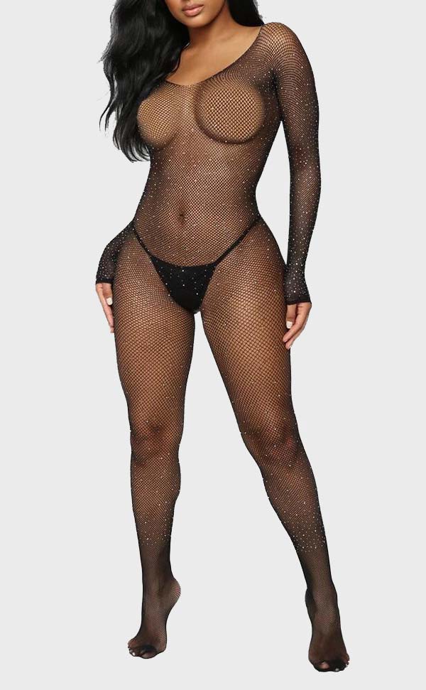 Long Sleeve Rhinestone Mesh Bodystocking