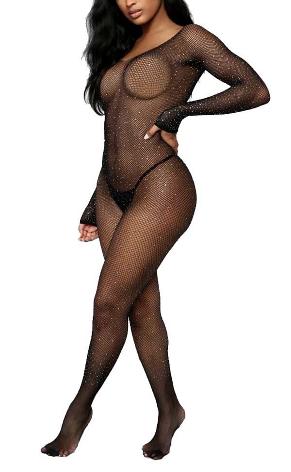 Long Sleeve Rhinestone Mesh Bodystocking