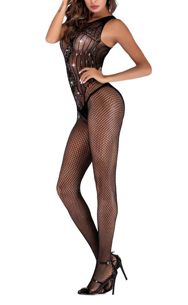 Rhinestone Fishnet Bodystocking Open Crotch