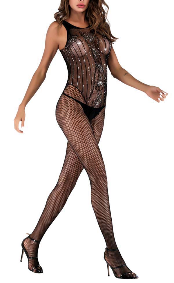 Rhinestone Fishnet Bodystocking Open Crotch