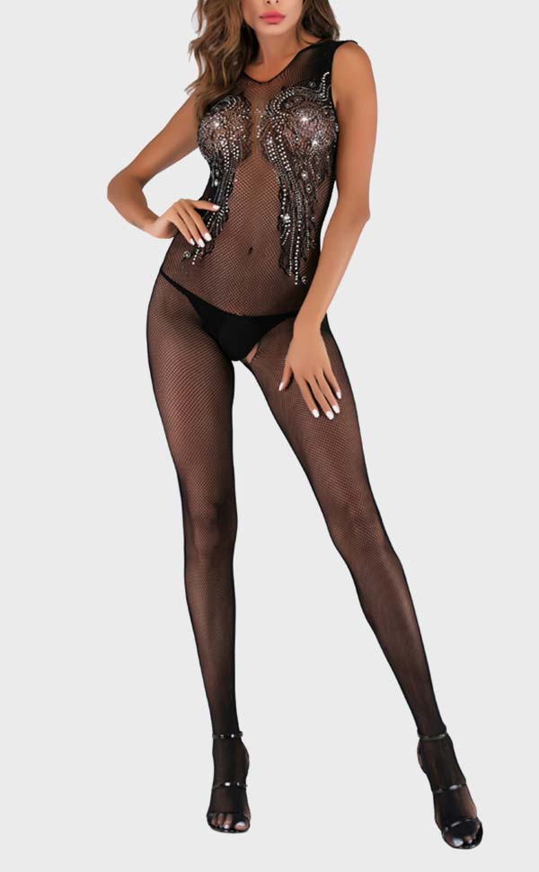 Sleeveless Rhinestone Fishnet Bodystocking