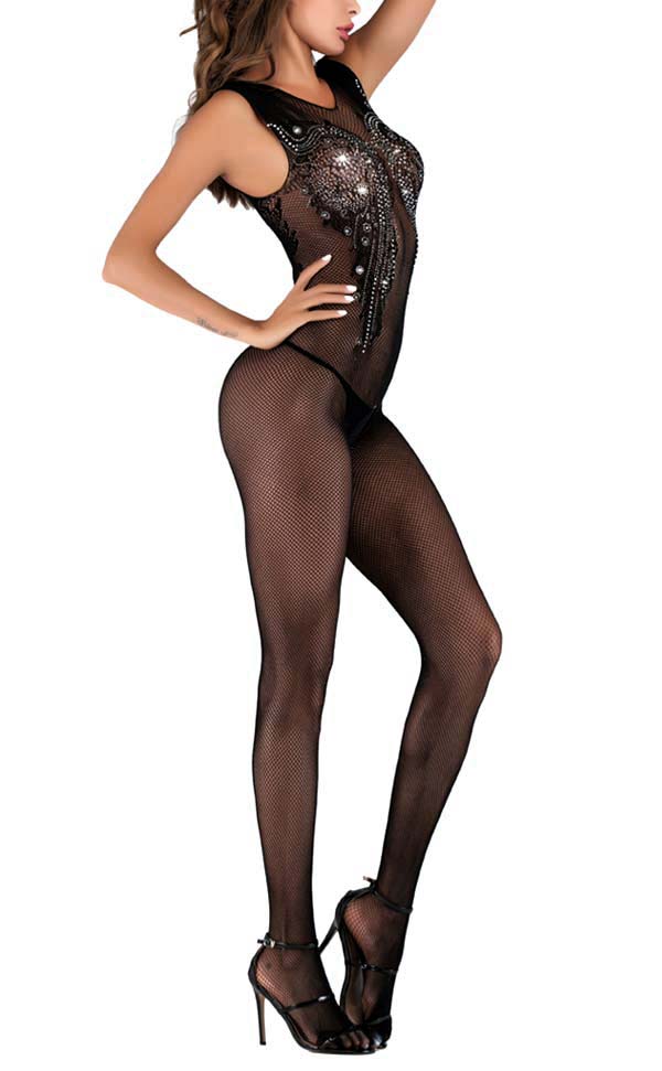 Sleeveless Rhinestone Fishnet Bodystocking