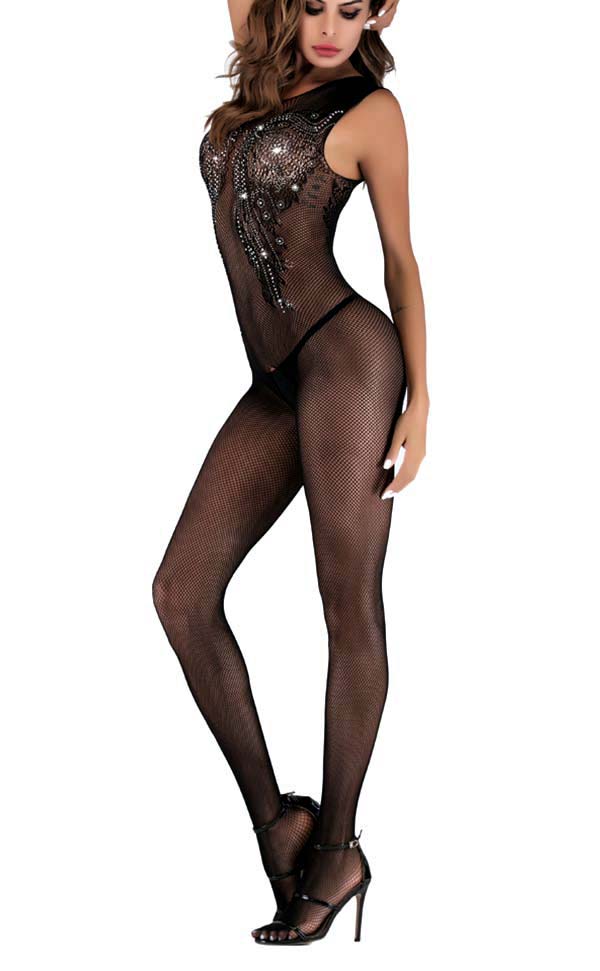 Sleeveless Rhinestone Fishnet Bodystocking