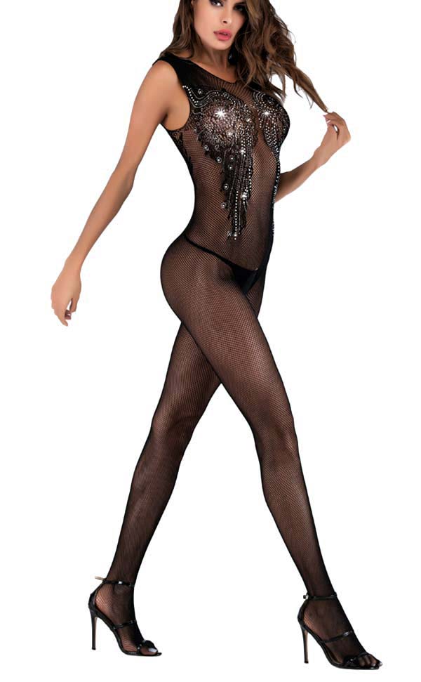 Sleeveless Rhinestone Fishnet Bodystocking