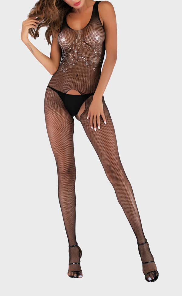 Rhinestone Crotchless Bodystocking Cross Back Straps