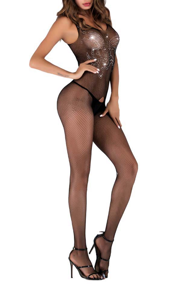 Rhinestone Crotchless Bodystocking Cross Back Straps