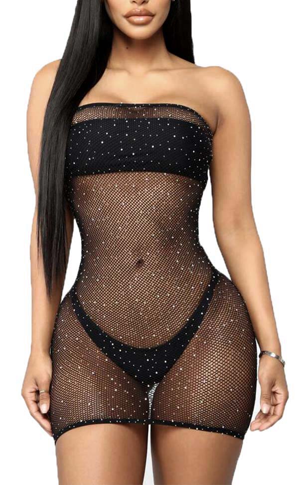 Rhinestone Tube Fishnet Dress