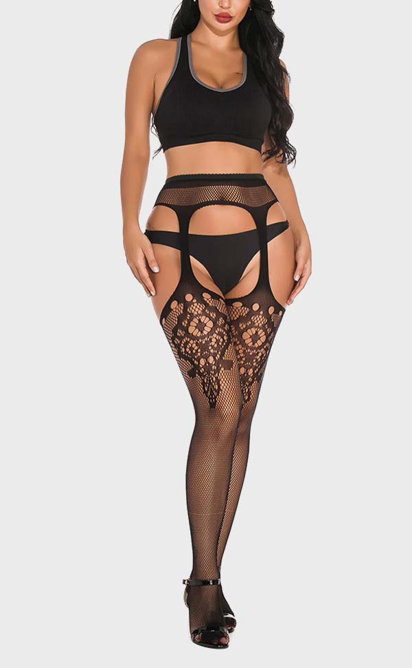 Fishnet and Lace Cuban Heel Pantyhose