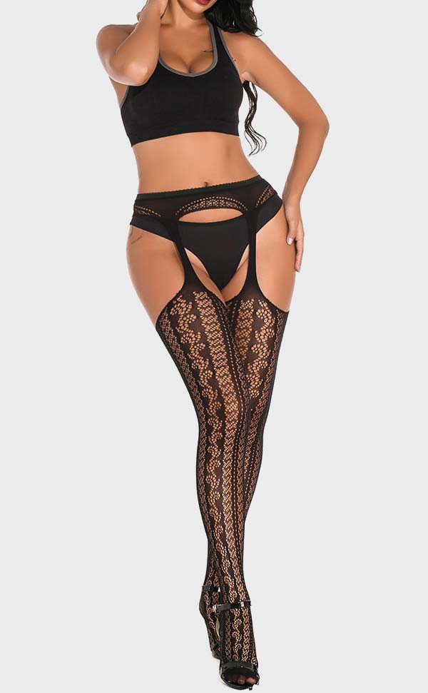 Pinstriped Lace Net Suspender Pantyhose