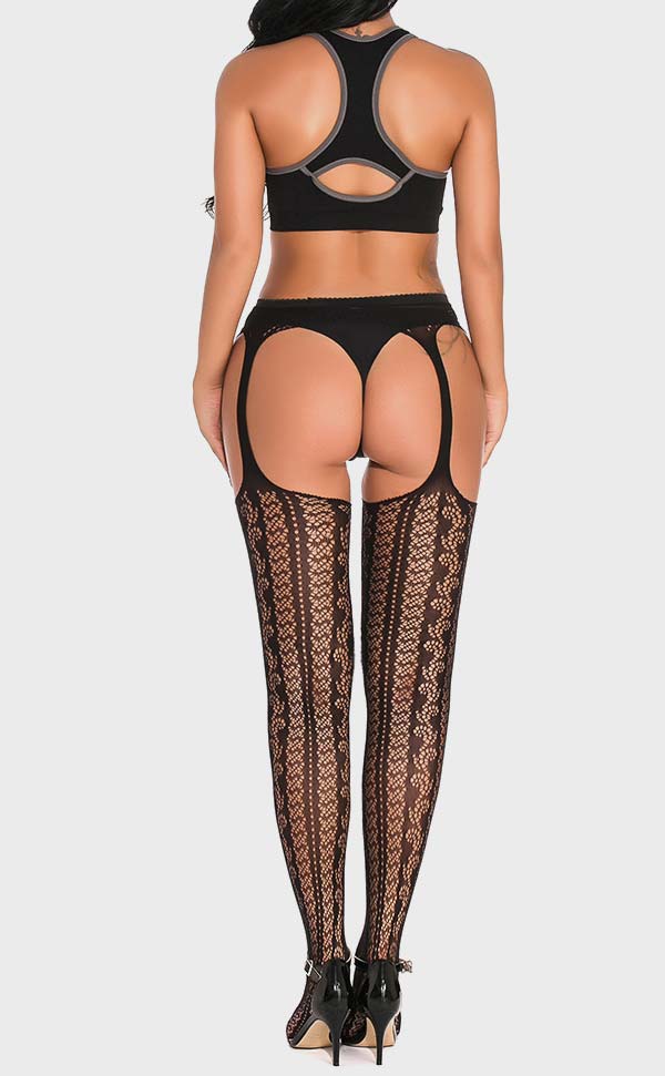 Pinstriped Lace Net Suspender Pantyhose