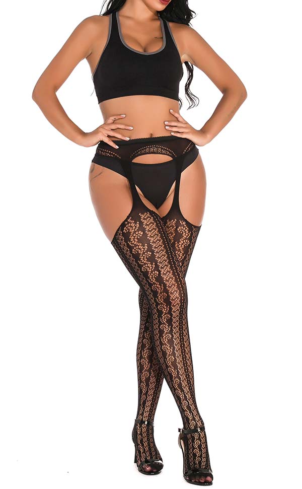 Pinstriped Lace Net Suspender Pantyhose