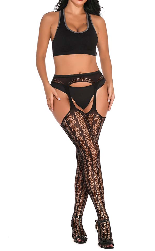 Pinstriped Lace Net Suspender Pantyhose