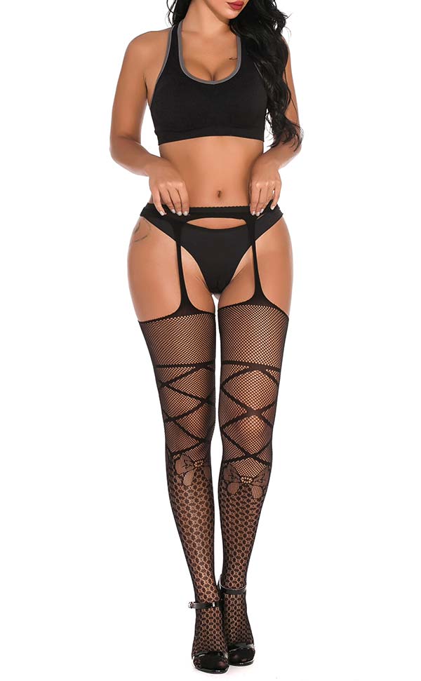 Criss Cross Detail Net Suspender Tights