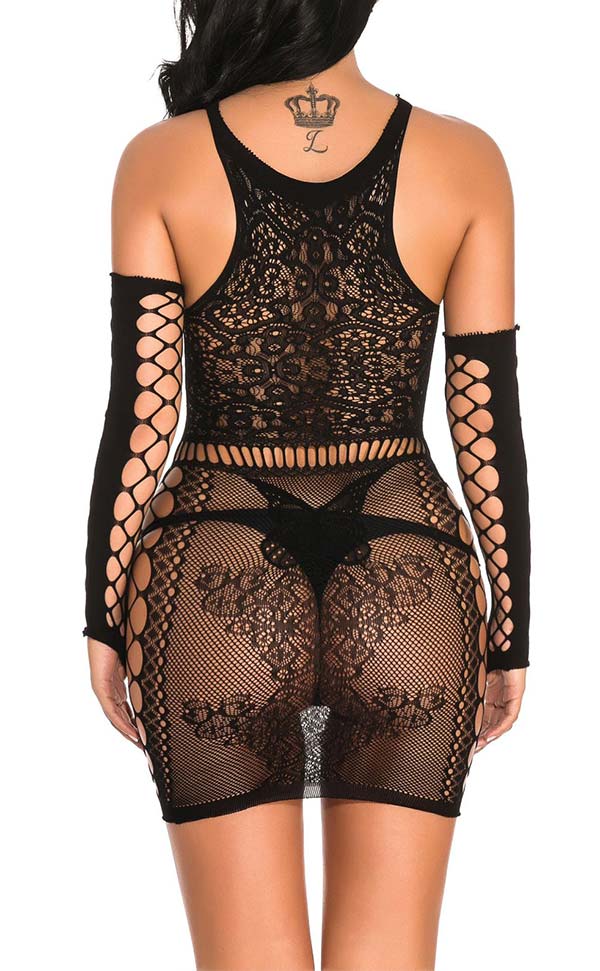 Lace Nylon Dress with Fingerless Net Gloves