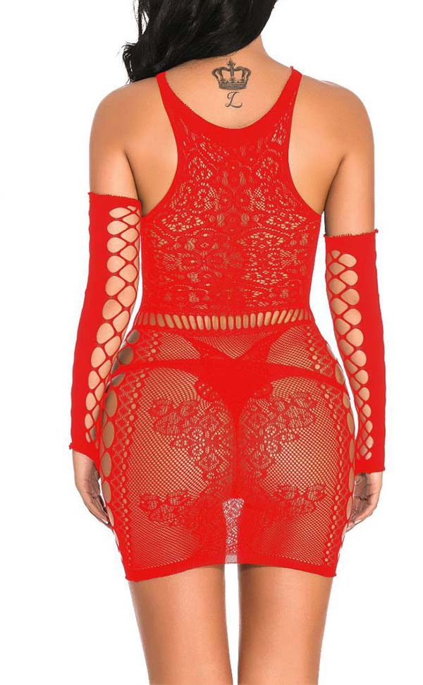 Lace Nylon Dress with Fingerless Net Gloves