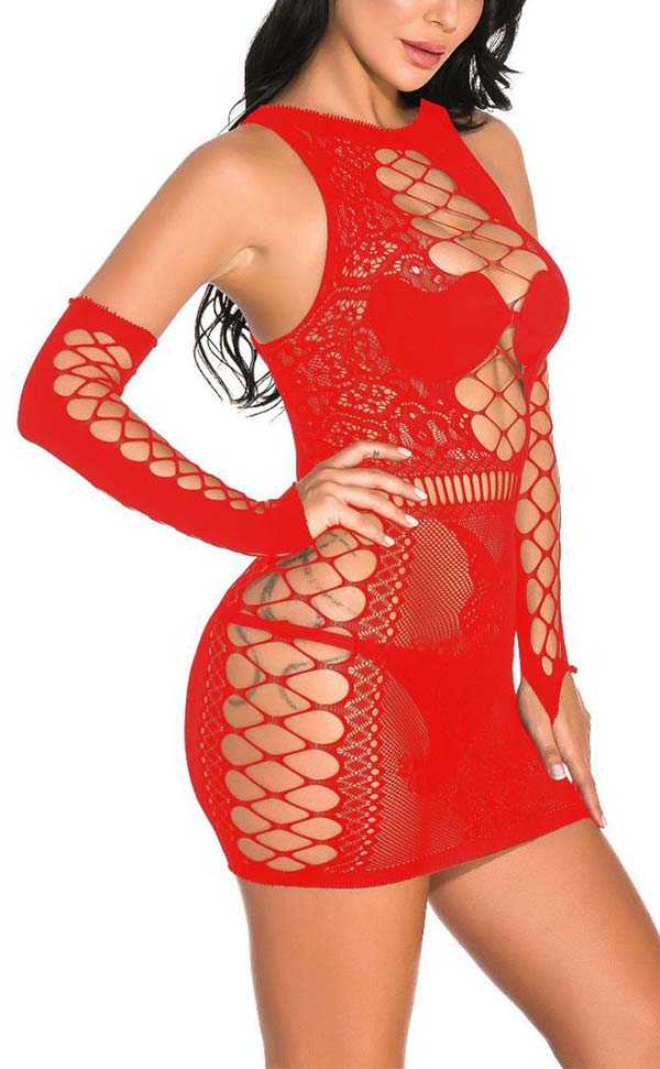 Lace Nylon Dress with Fingerless Net Gloves