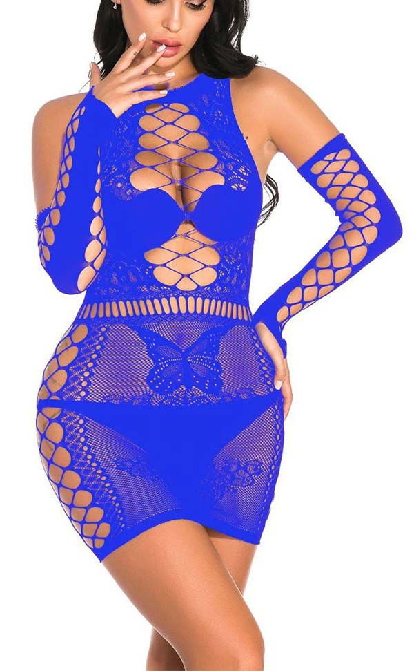 Lace Nylon Dress with Fingerless Net Gloves