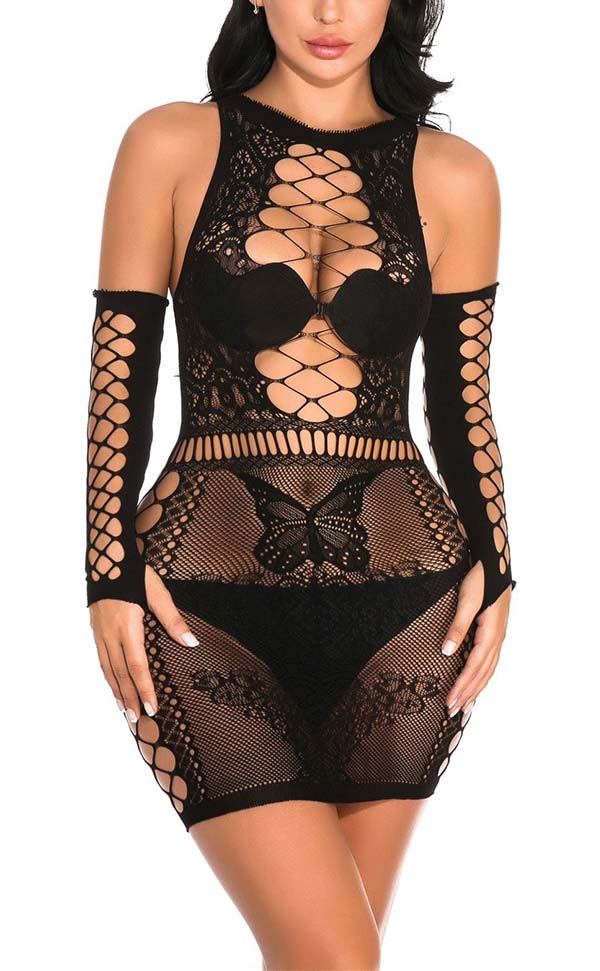 Lace Nylon Dress with Fingerless Net Gloves