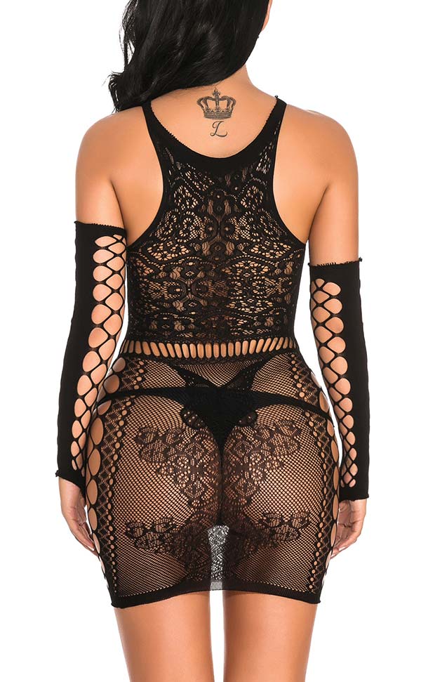 Lace Nylon Dress with Fingerless Net Gloves