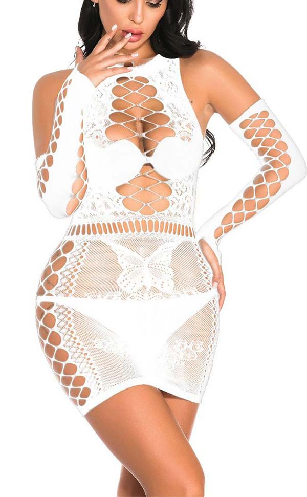 Lace Nylon Dress with Fingerless Net Gloves