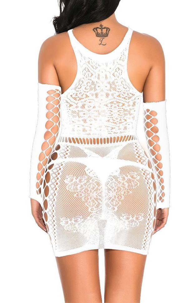 Lace Nylon Dress with Fingerless Net Gloves