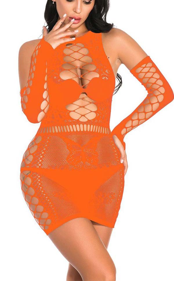 Lace Nylon Dress with Fingerless Net Gloves