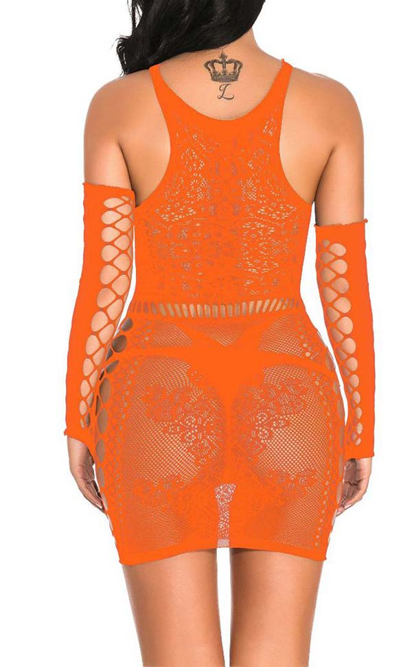 Lace Nylon Dress with Fingerless Net Gloves