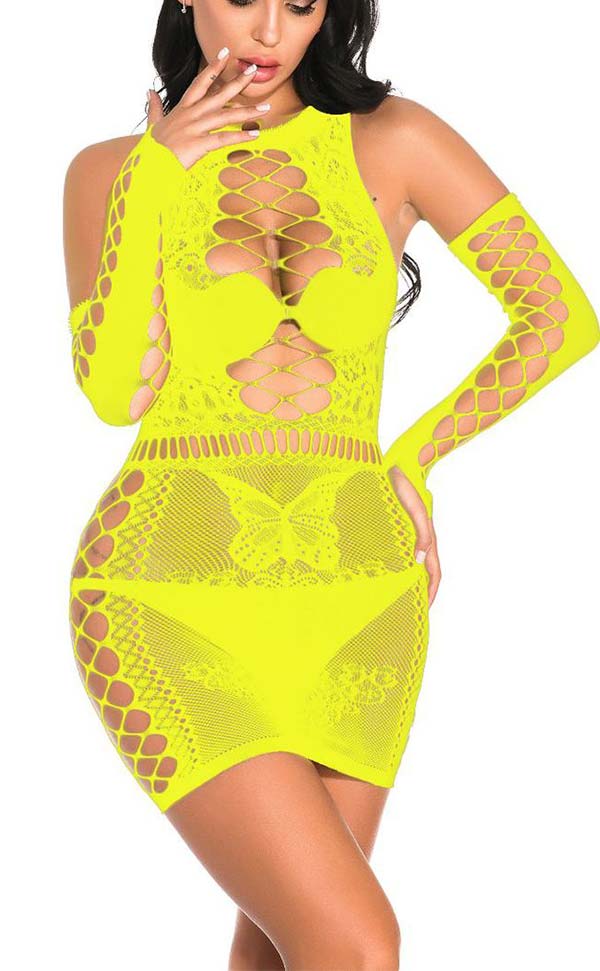 Lace Nylon Dress with Fingerless Net Gloves