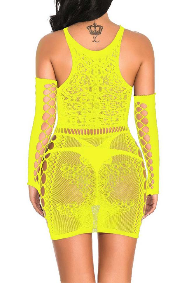 Lace Nylon Dress with Fingerless Net Gloves