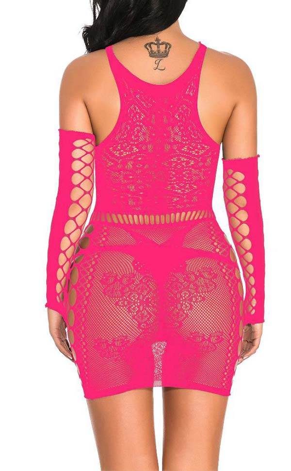 Lace Nylon Dress with Fingerless Net Gloves