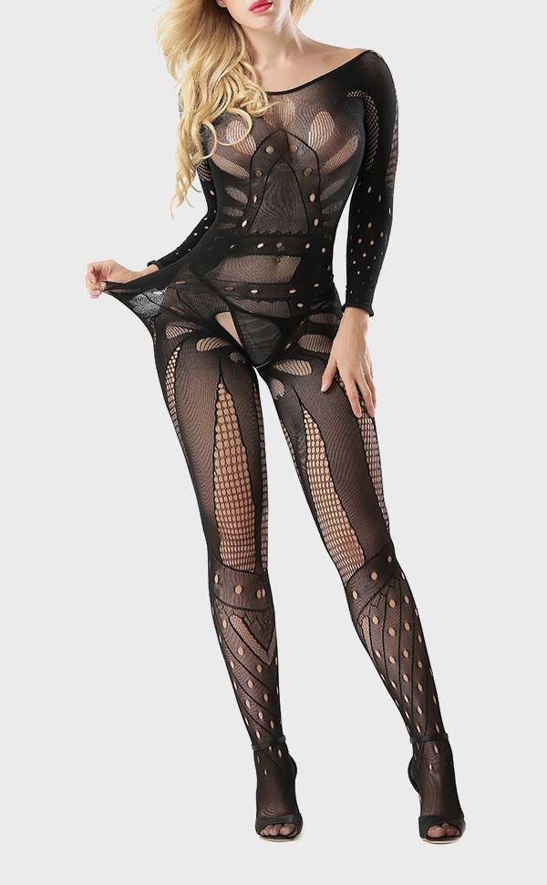 Long Sleeve Jacquard Lace Fishnet Bodystocking