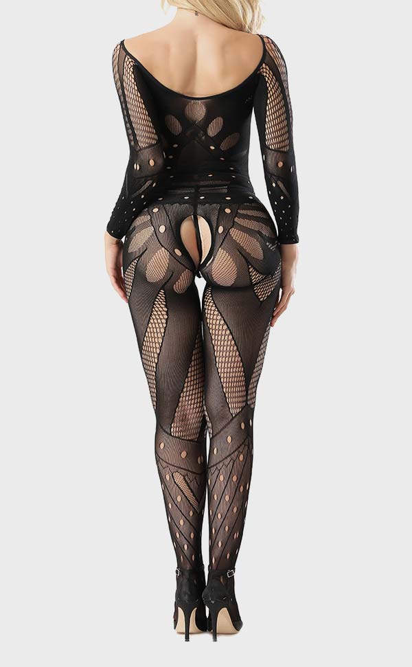 Long Sleeve Jacquard Lace Fishnet Bodystocking