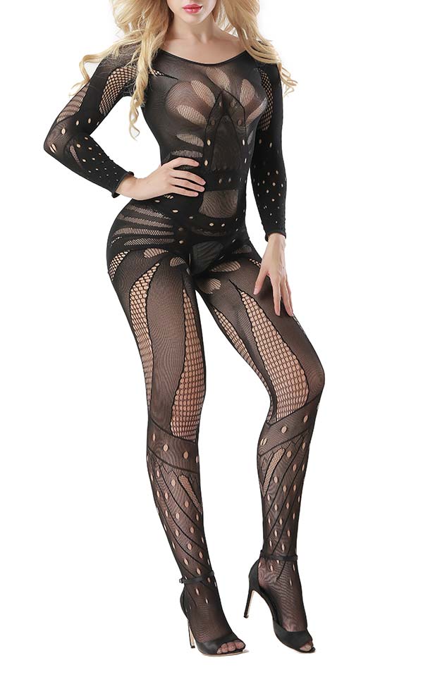 Long Sleeve Jacquard Lace Fishnet Bodystocking