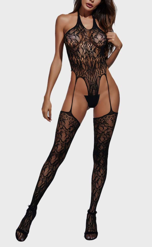 High cut design Lacey Garter bodystockings