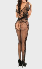 Short Sleeve Lace Fishnet Bodystocking