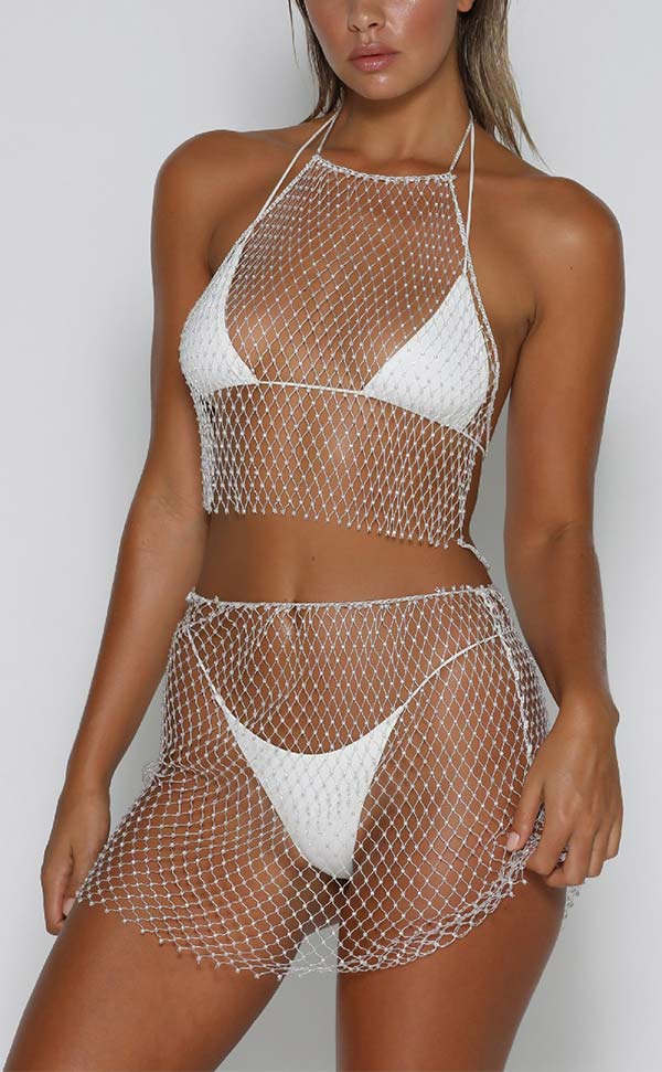 Rhinestone Fishnet Dress Sets