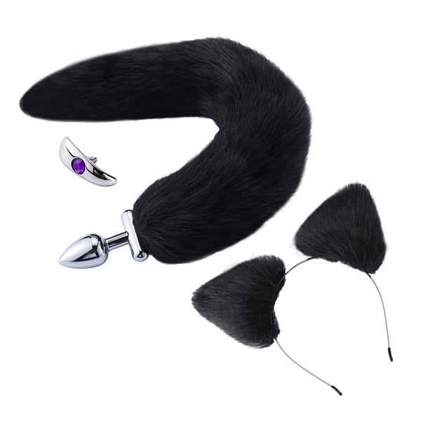 16” Black Fox Tail Butt Plug with Cat Ear