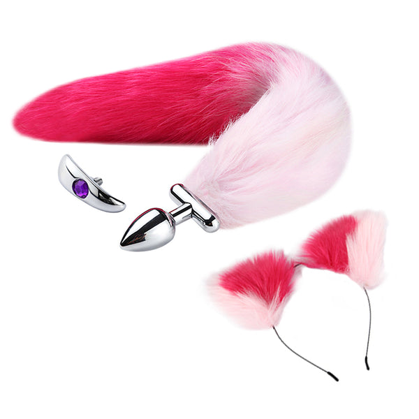 16” Pink with Red Fox Tail Butt Plug with Cat Ear